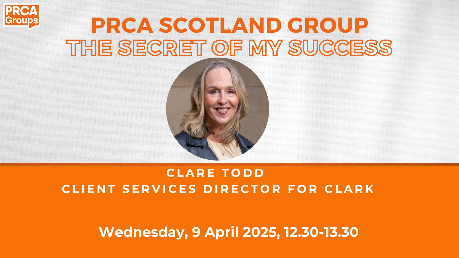 Graphic displaying information about a PRCA Group event Secrets of my Success